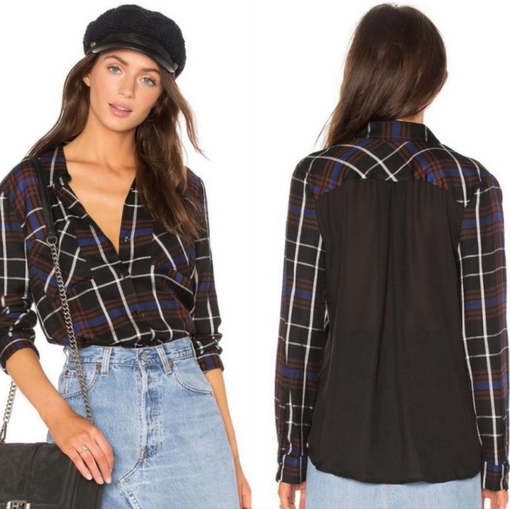 L' AGENCE Denise Plaid Silk S/P Hannel Button Down ‎ Shirt Black/ Brown/White